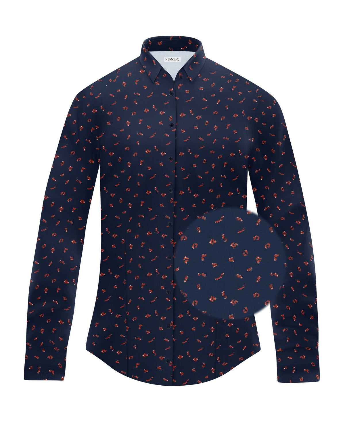 Stretch-Bluse SOPHIE mit Füchsen und Eichhörnchen Print in Blau (Art. 2240D-S)