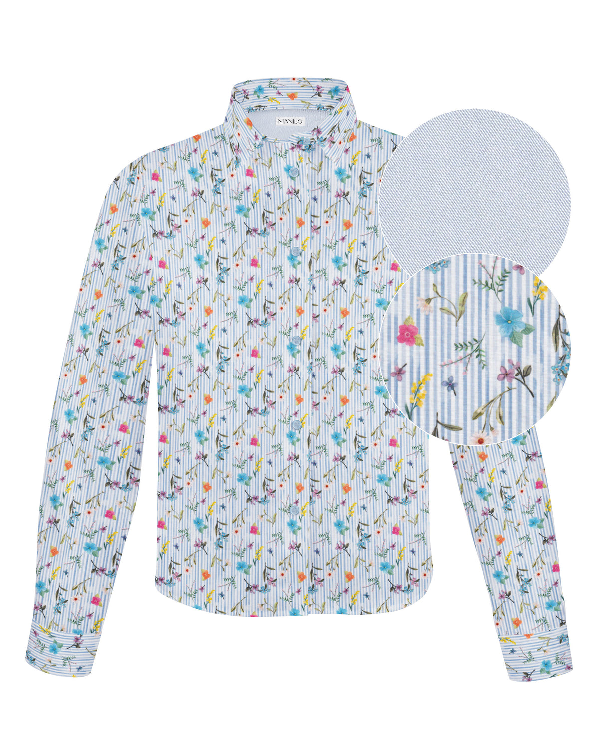 Boxy blouse GABRIELLE with colorful floral print and blue stripes (2304D-G)