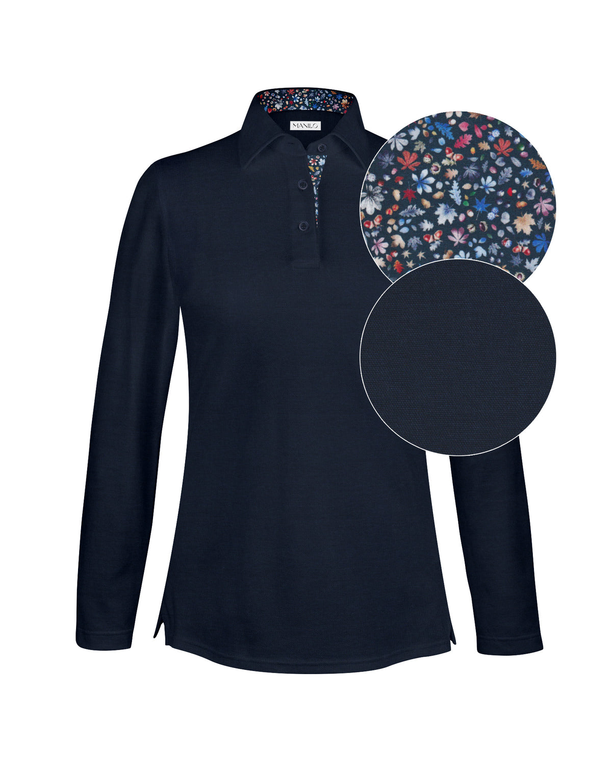 LOUISE long-sleeved polo shirt in dark blue with contrasting collar and button placket (2611D-L-LA)