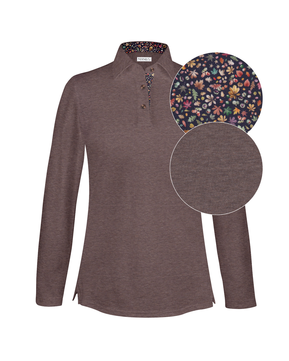 LOUISE long-sleeved polo shirt in brown with contrasting collar and button placket (2613D-L-LA)