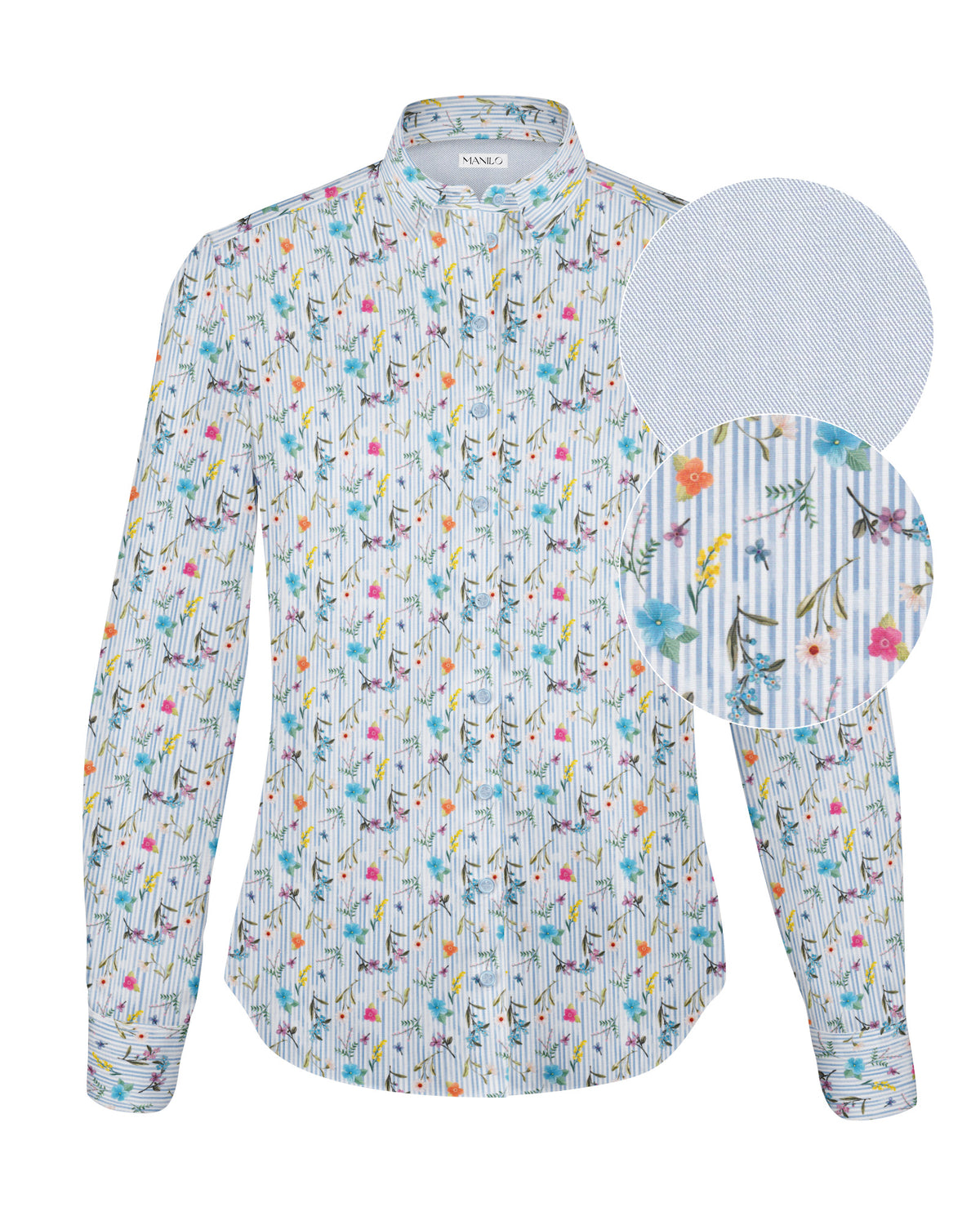 Stretch-Bluse SOPHIE mit buntem Blumen-Print und blauen Streifen (2304D-S)