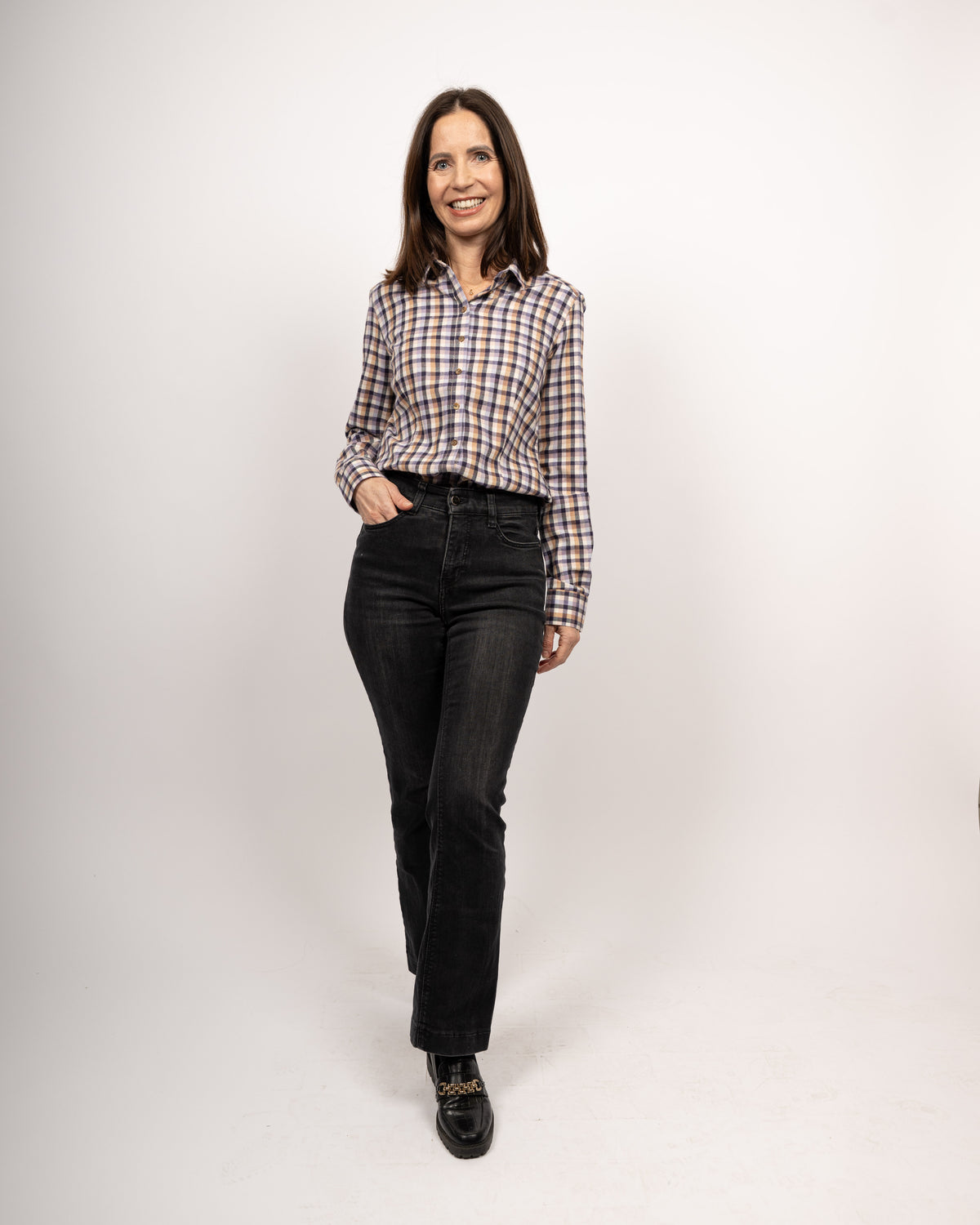Blouse en flanelle SOPHIE avec motif à carreaux en violet/beige (2274D-S)