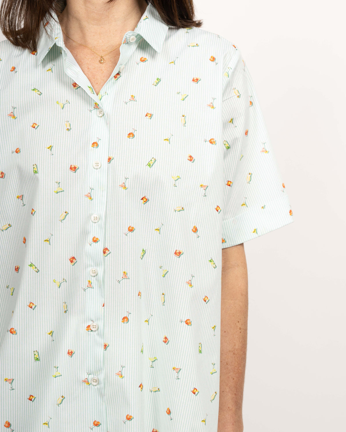 MARIE oversized short-sleeved blouse with cocktail print in turquoise (2335D-M)