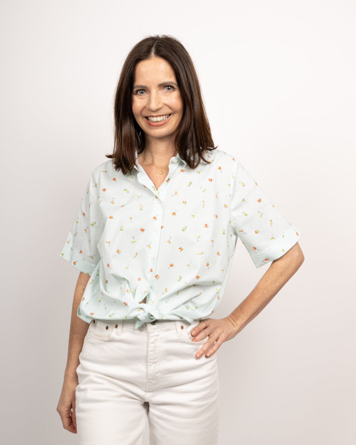 MARIE oversized short-sleeved blouse with cocktail print in turquoise (2335D-M)