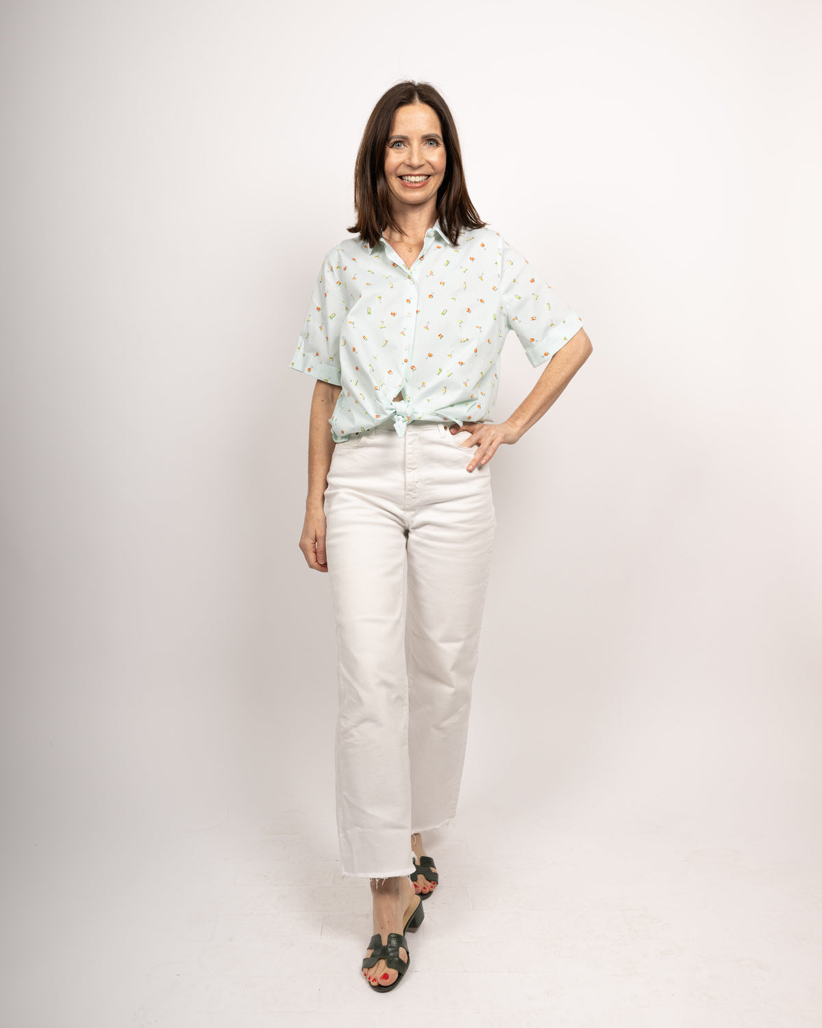 MARIE oversized short-sleeved blouse with cocktail print in turquoise (2335D-M)