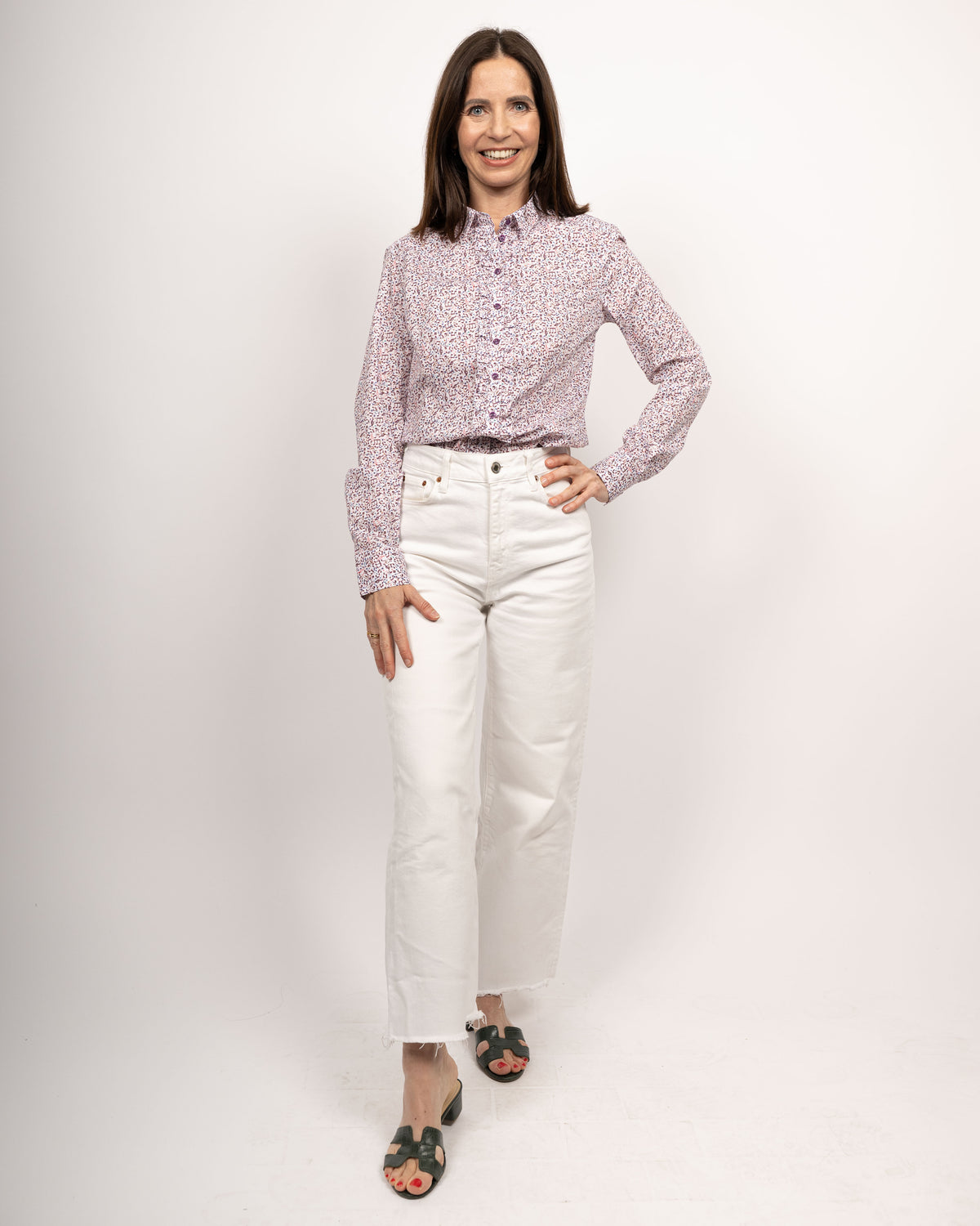 Stretch-Bluse SOPHIE mit Rüschen und Musikprint in Violett (Art. 2232D-S-R)