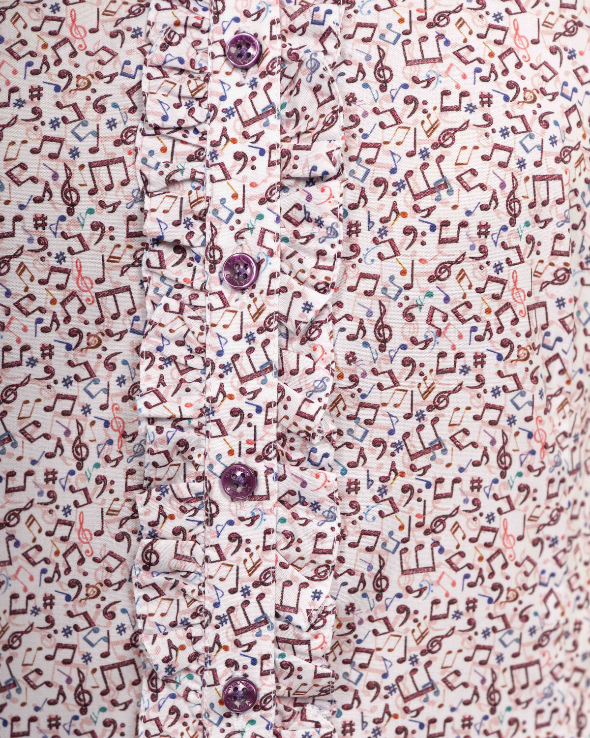 Stretch-Bluse SOPHIE mit Rüschen und Musikprint in Violett (Art. 2232D-S-R)