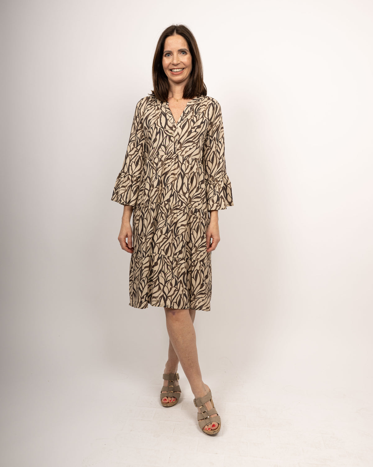 OCÉANE tunic dress with print pattern in brown/beige (2360D-O)