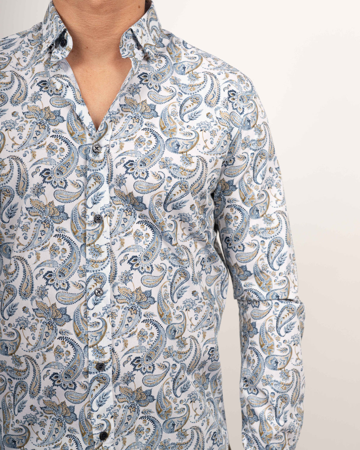 Chemise décontractée à manches longues avec motif Paisley en bleu/marron (2802-C)