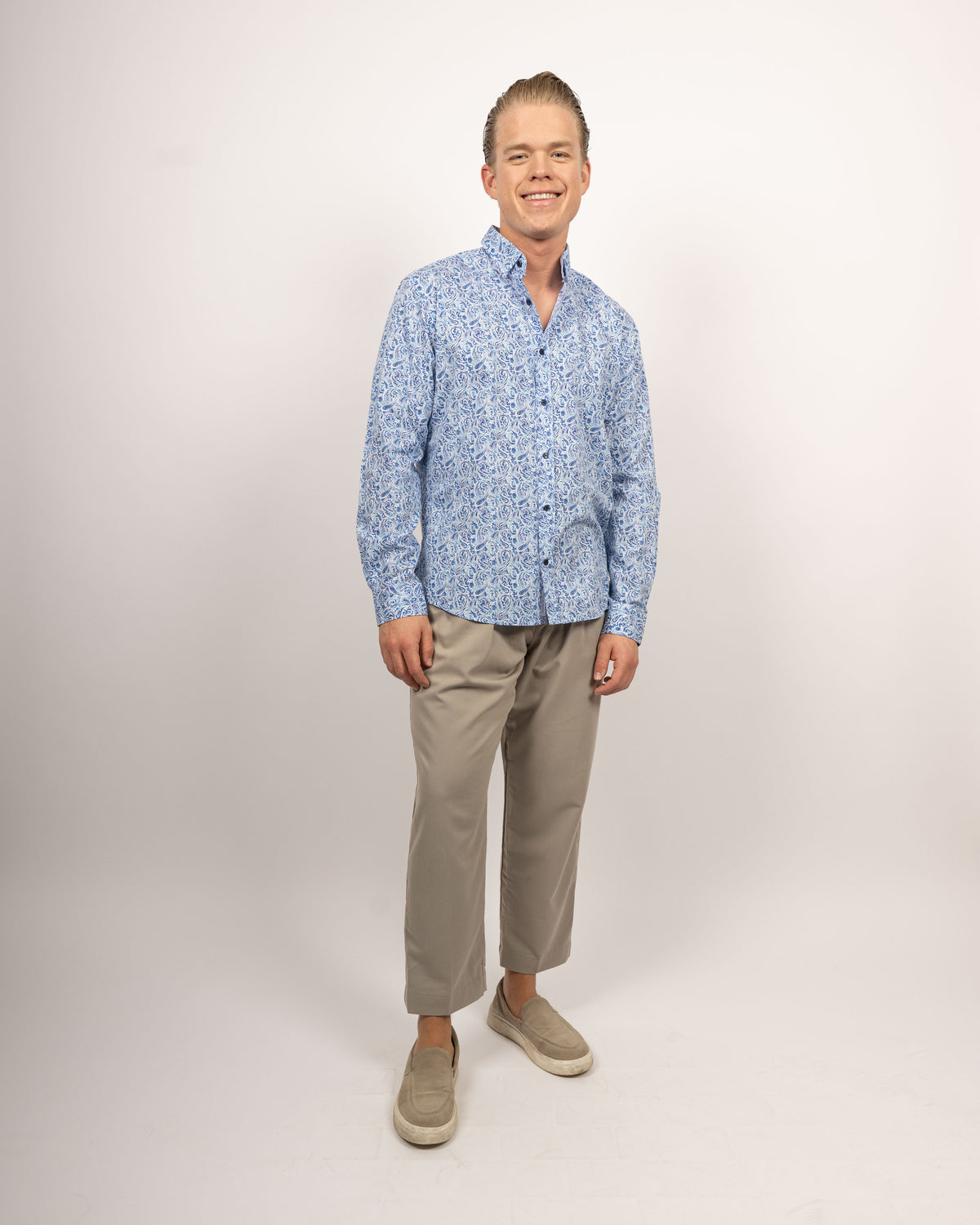 Chemise décontractée à manches longues avec motif Paisley en bleu (2801-C)