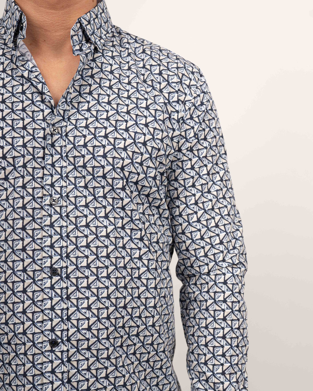 Chemise décontractée à manches longues avec motif imprimé en bleu/beige (2803-C)