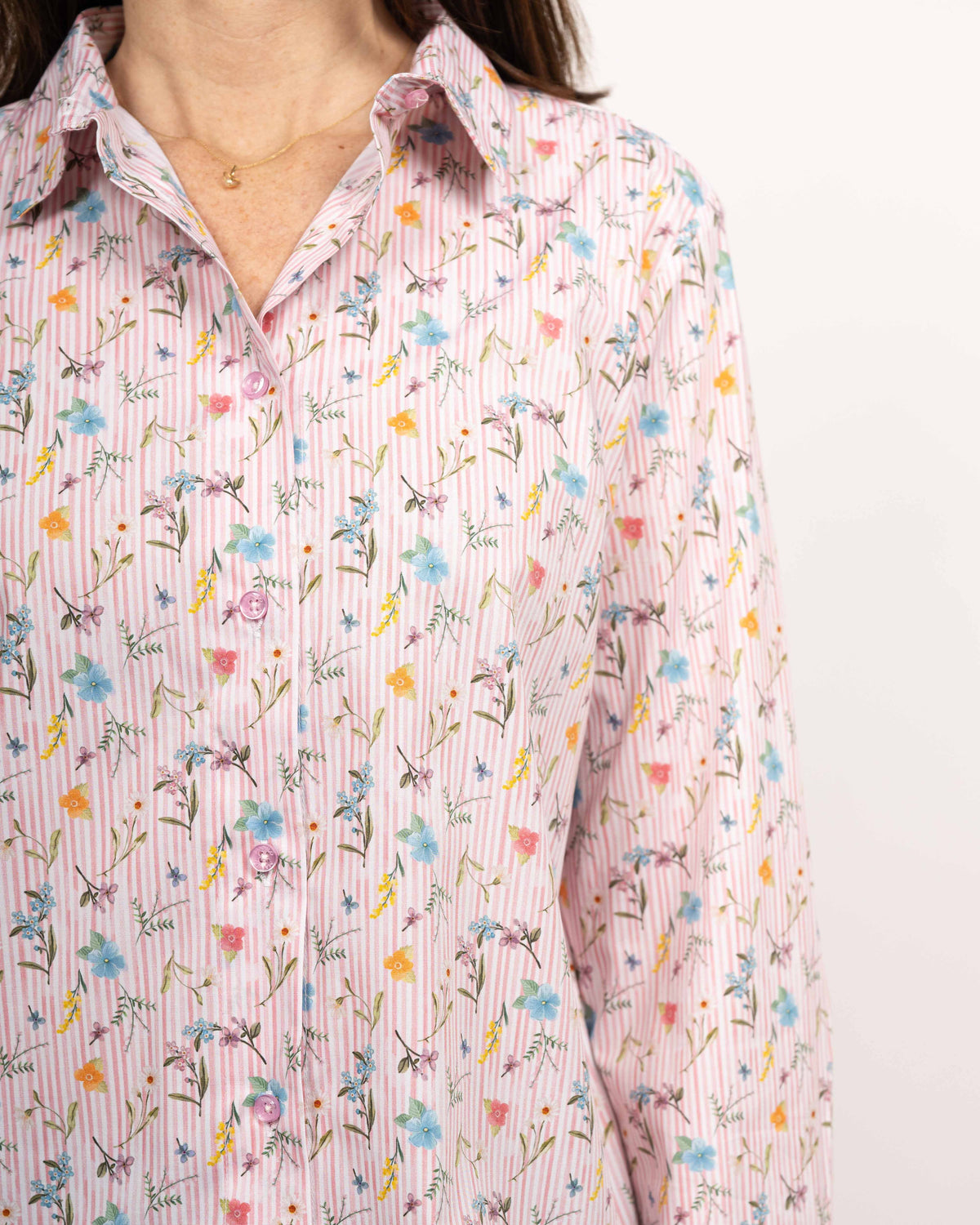 Boxy Bluse GABRIELLE mit buntem Blumen-Print und Rosa-Streifen (2303D-G)
