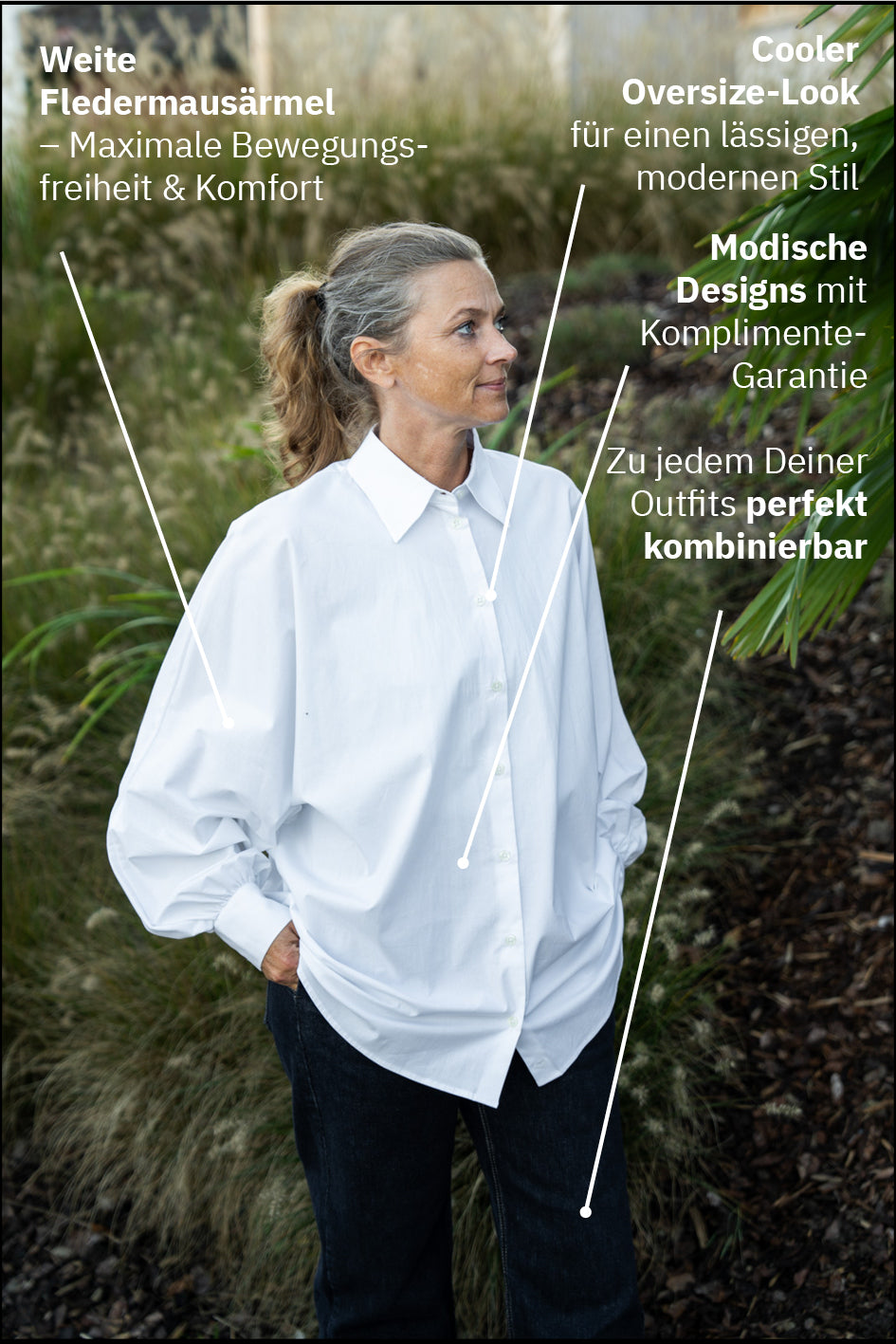 Modische Bluse AMÉLIE mit Fledermausärmeln in Weiss (Art. 1001D-A)