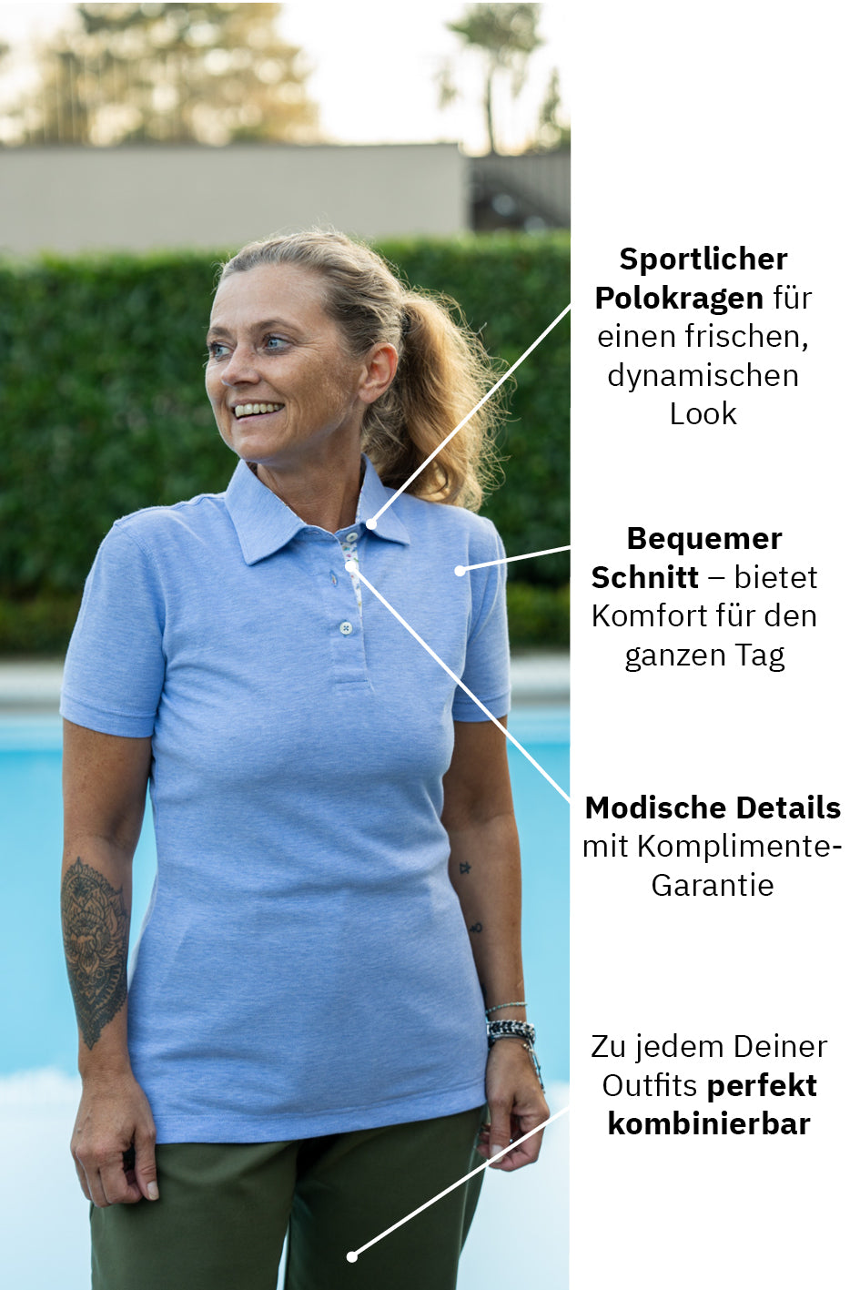 LOUISE short-sleeved polo shirt with collar and button placket in medium blue (item 2173D-L-KA)