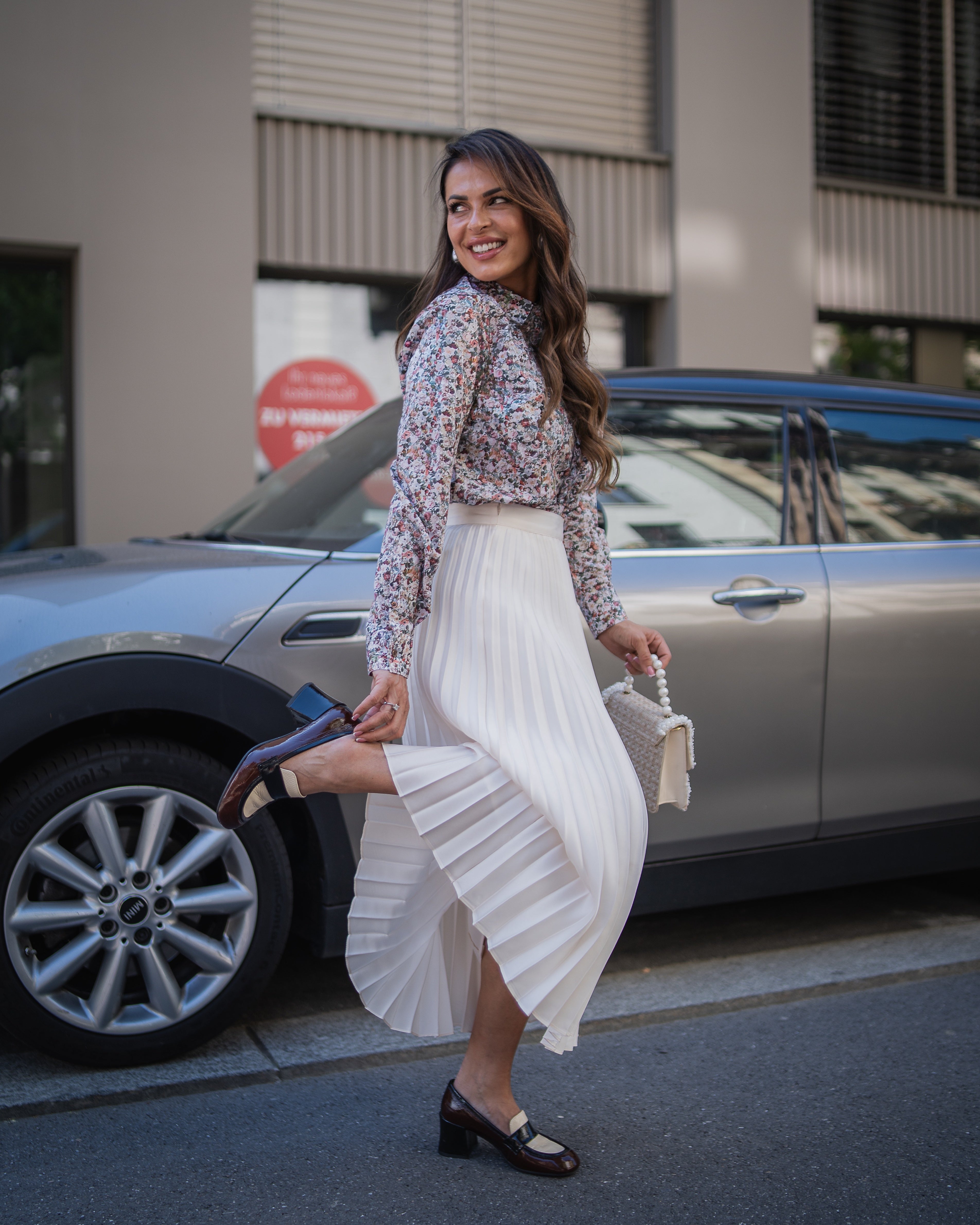 Stretch-Bluse SOPHIE mit Rüschen und Blumenprint in Altrosa (Art. 2212D-S-R)