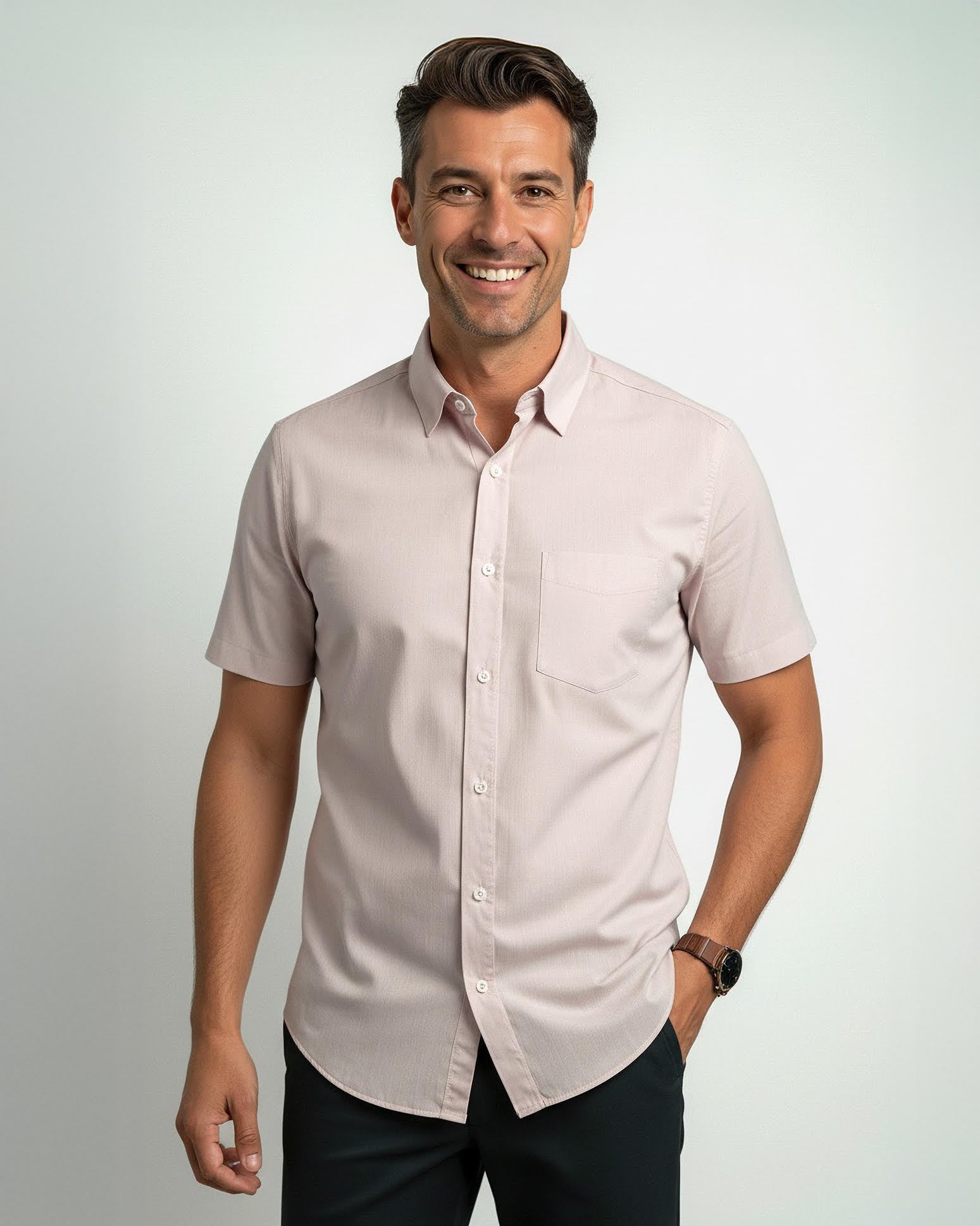 Easy-iron short-sleeved casual shirt with print pattern in collar and cuff in pink (item 1015-C-KA)