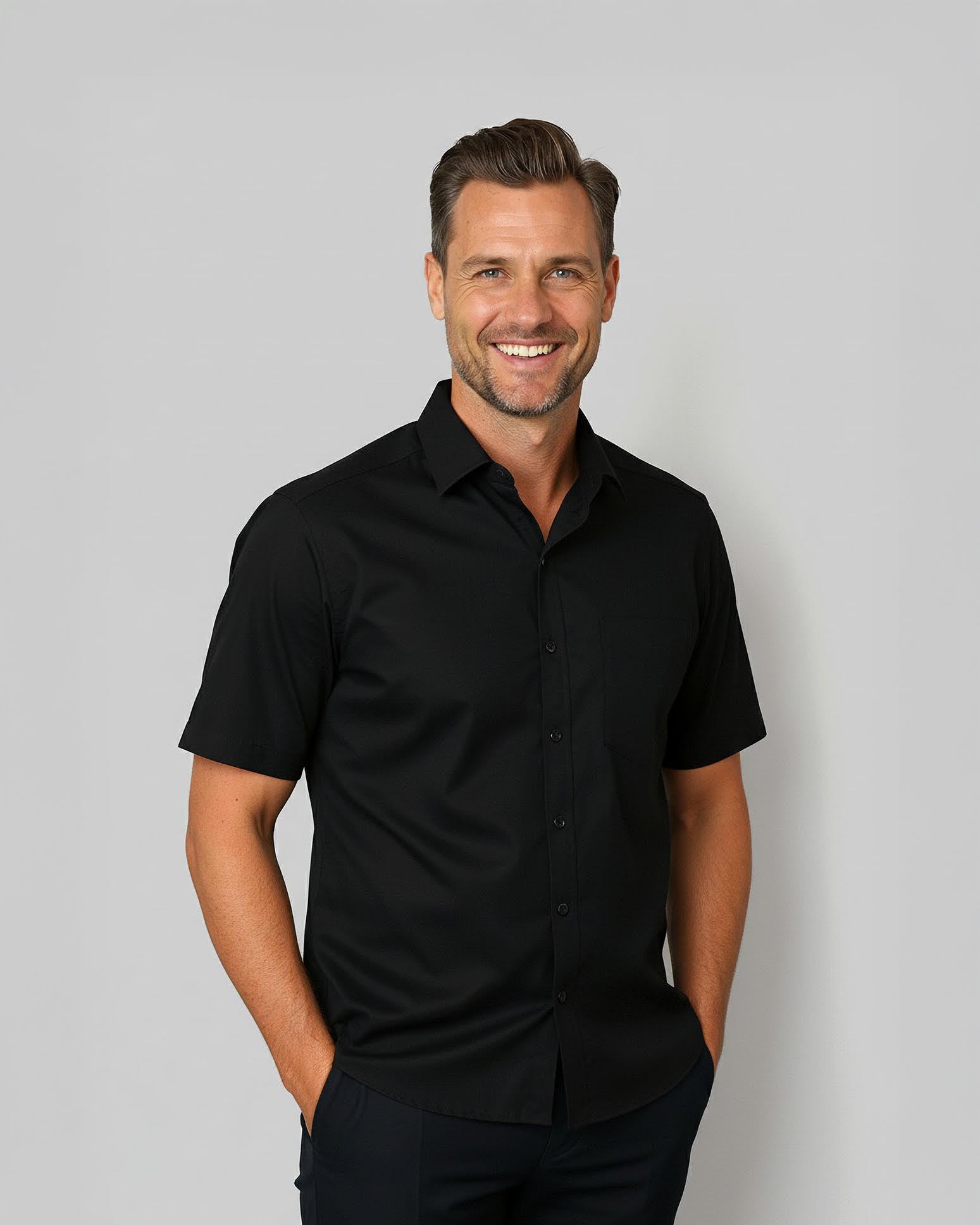 Easy-iron short-sleeved casual shirt with print pattern in collar and cuff in black (item 1014-C-KA)