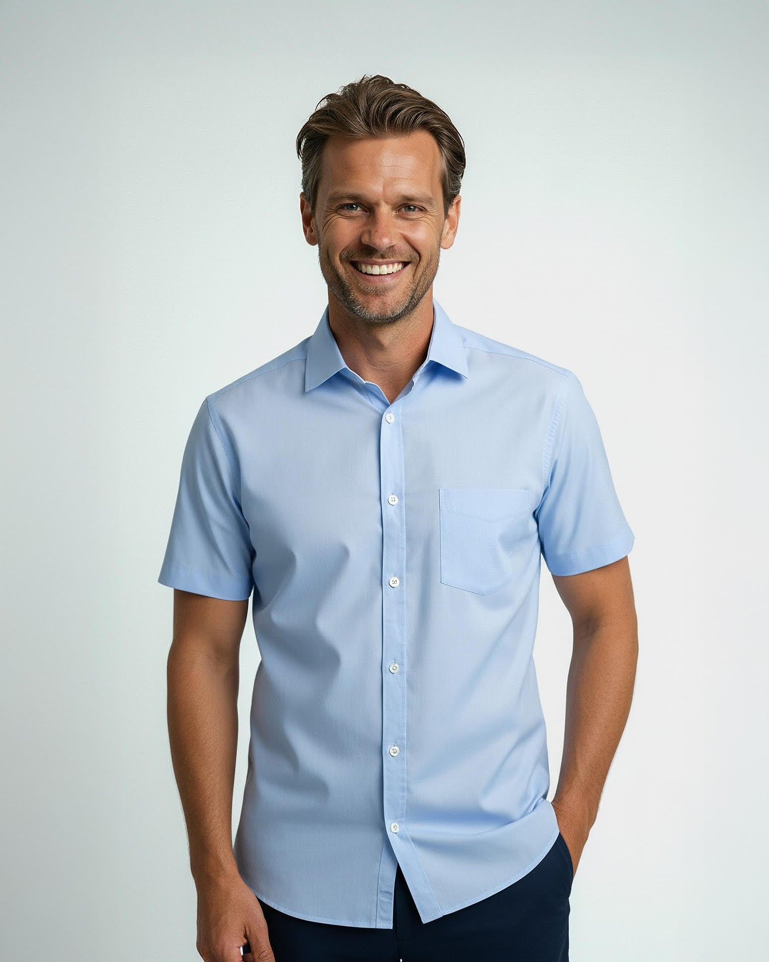 Easy-iron short-sleeved casual shirt with print pattern in collar and cuff in light blue (item 1016-C-KA)
